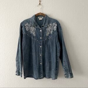 80s 90s Vintage Denim Shirt Beadwork Detail with Shoulder Pads Oversized small